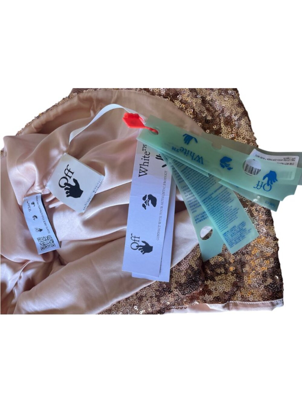 NEW Off-White Short Sleeve Shirt Sequin Rose Gold White Logo Glam Streetwear - Picture 9 of 16
